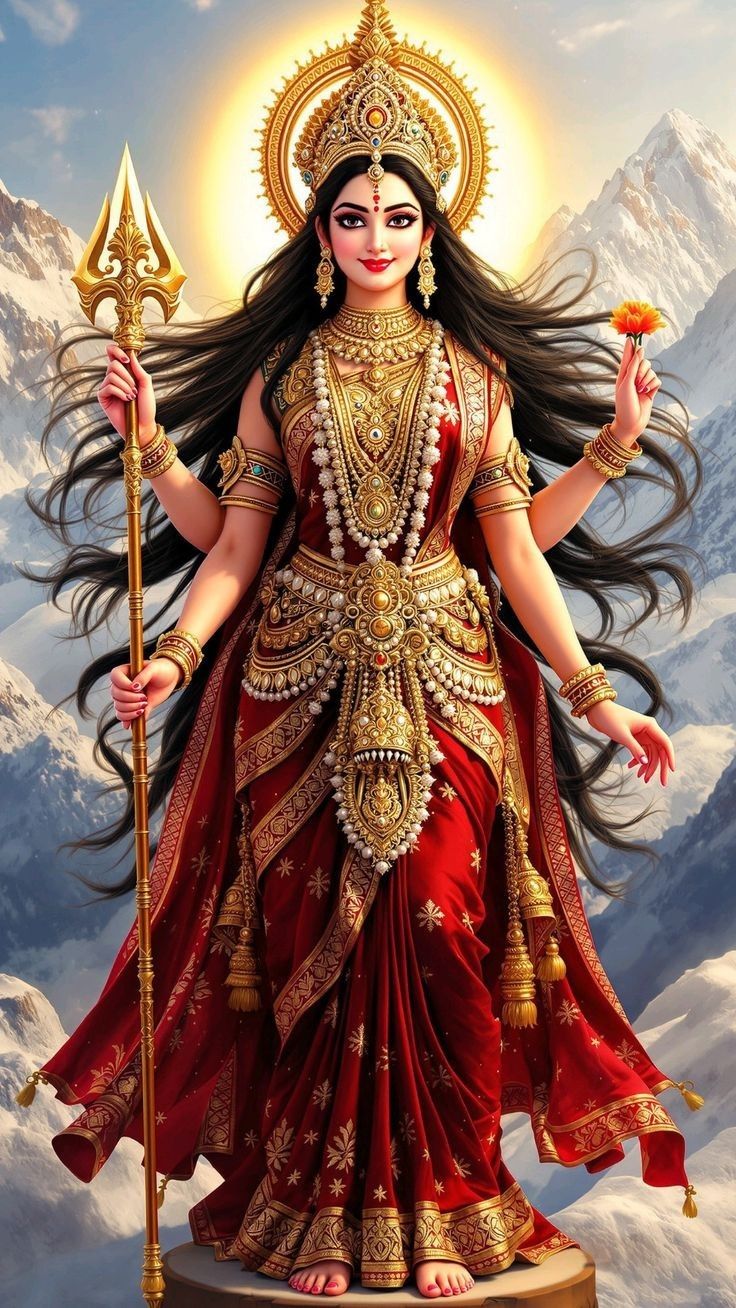 Parvati Maa stands against mountain backdrop