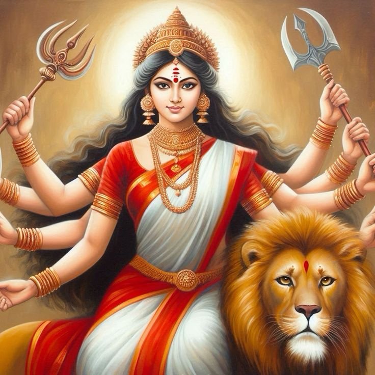 Parvati Maa with lion and trident