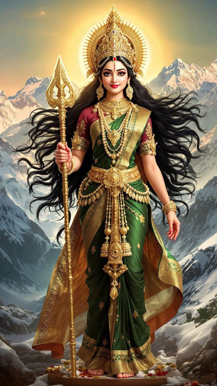 Goddess Parvati stands on mountain peak