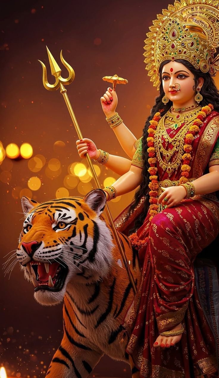 Parvati Maa riding a tiger, divine protection.