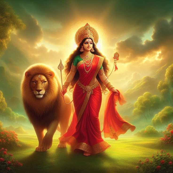 Parvati Maa with lion in landscape