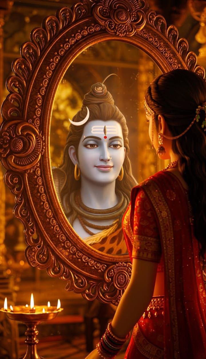 Parvati gazes at Shiva\'s reflection