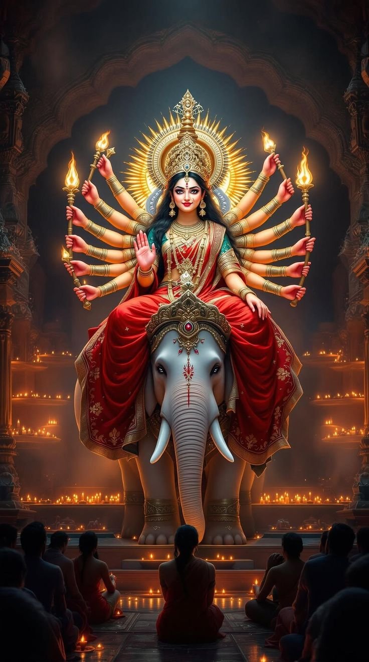 Parvati Maa riding an elephant with devotees