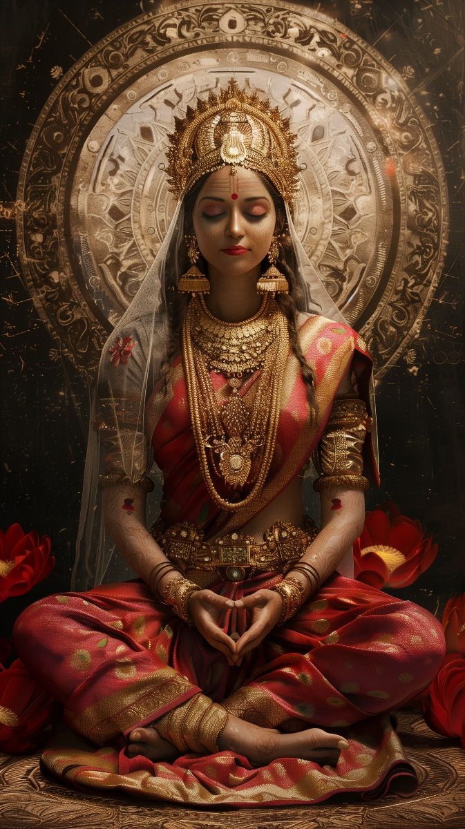 Parvati Maa in meditative pose, golden aura.