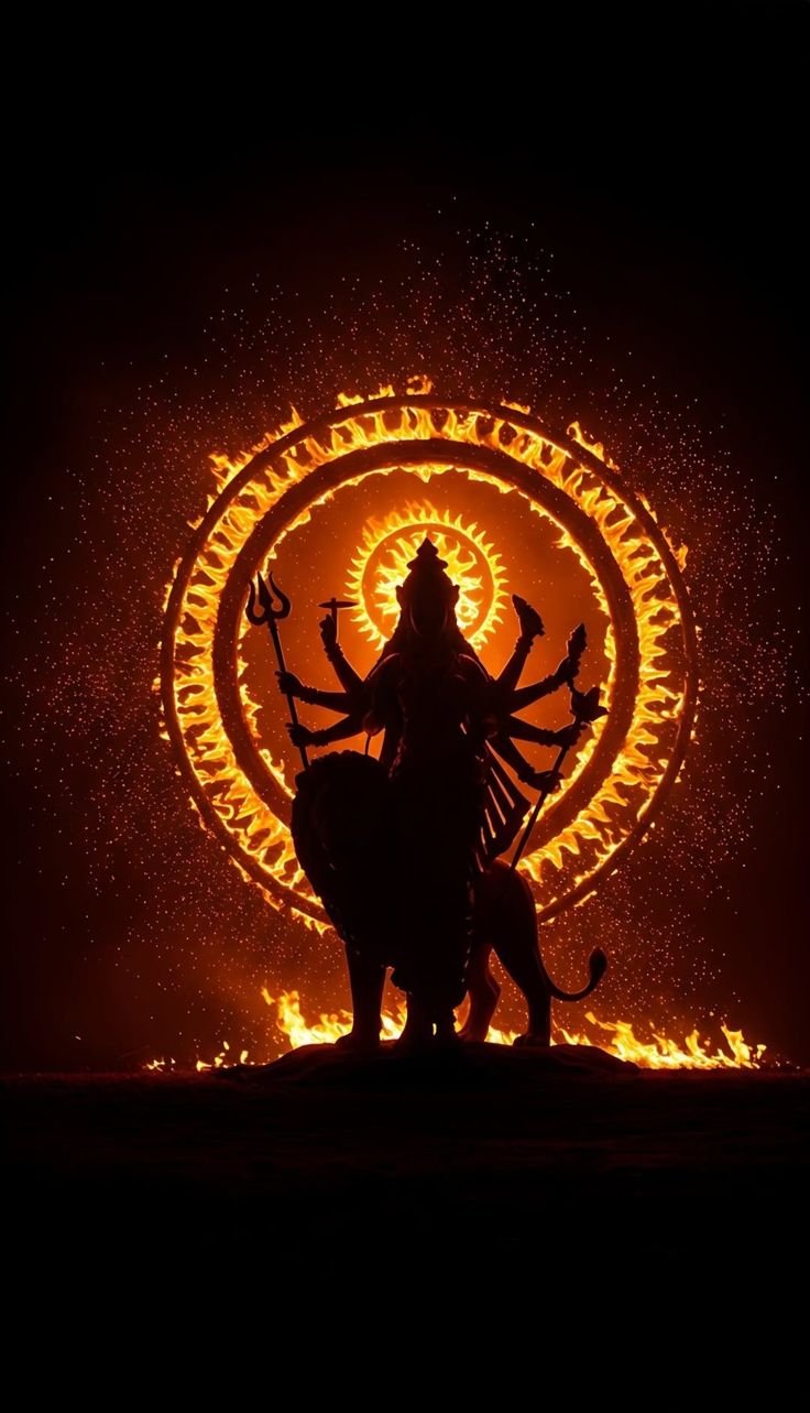 Goddess Durga on a lion, silhouette.