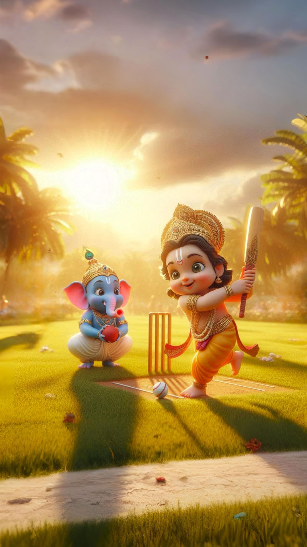 Krishna and Ganesha playing cricket.