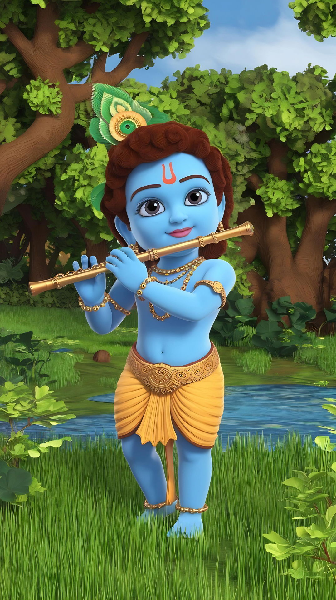 Little Krishna playing a flute in forest