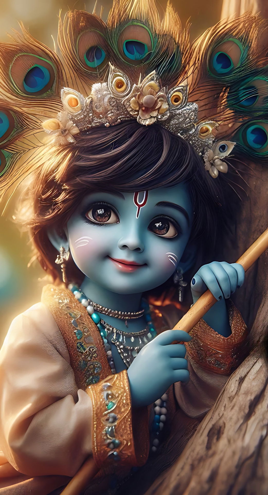 Cute baby Krishna with flute portrait.