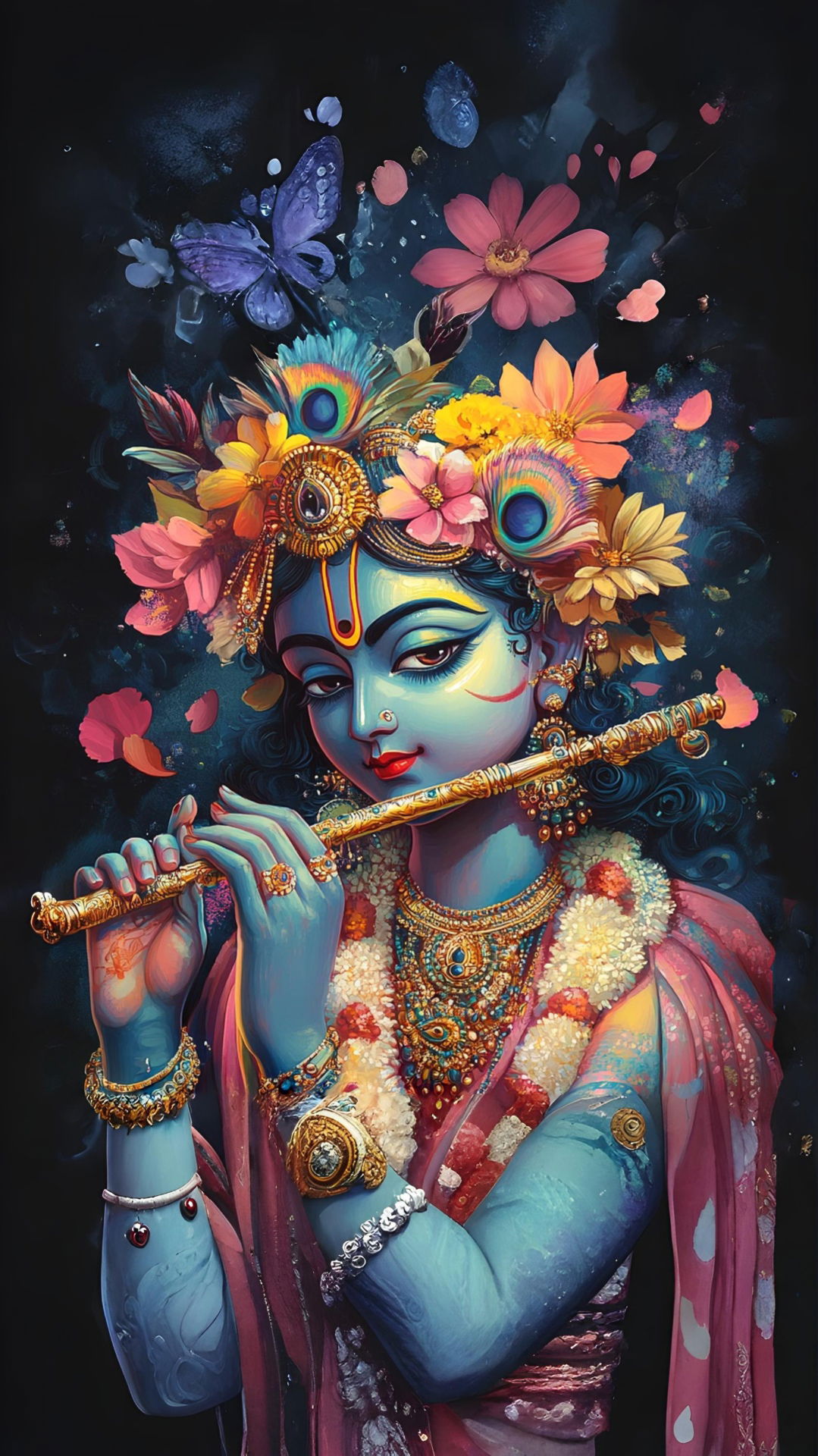 Lord Krishna playing a flute amidst flowers