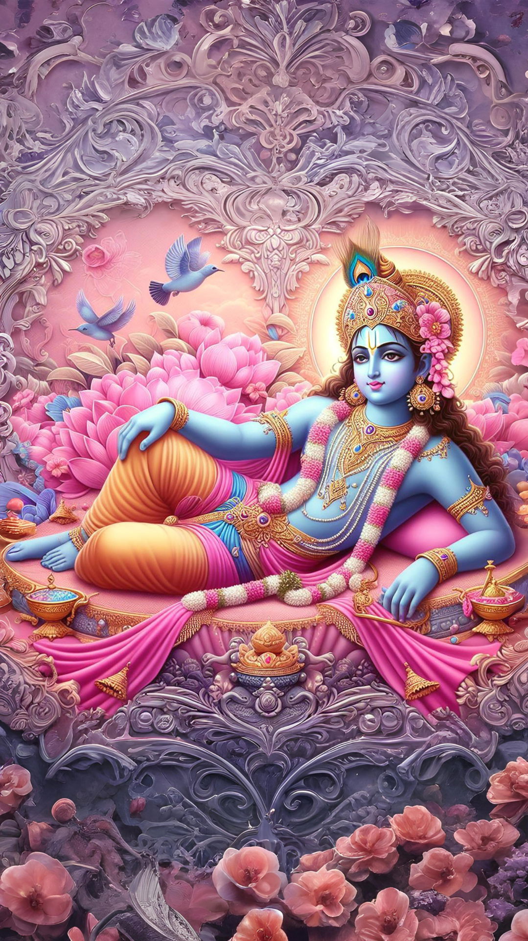 Krishna reclining among lotus flowers.