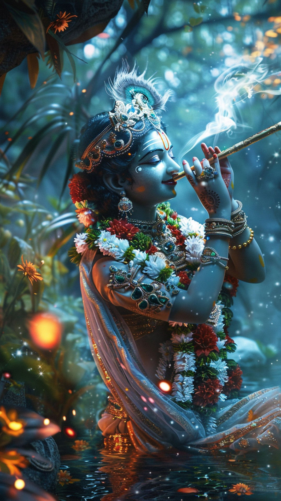 Lord Krishna playing a flute in forest