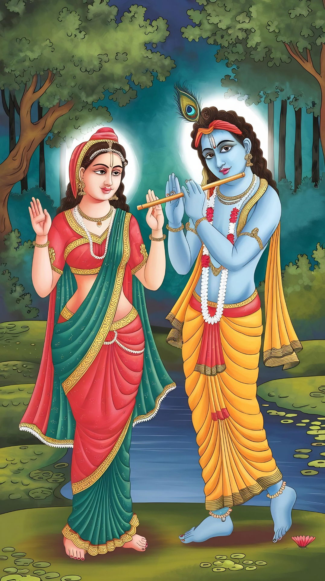 Radha Krishna in a lush forest setting
