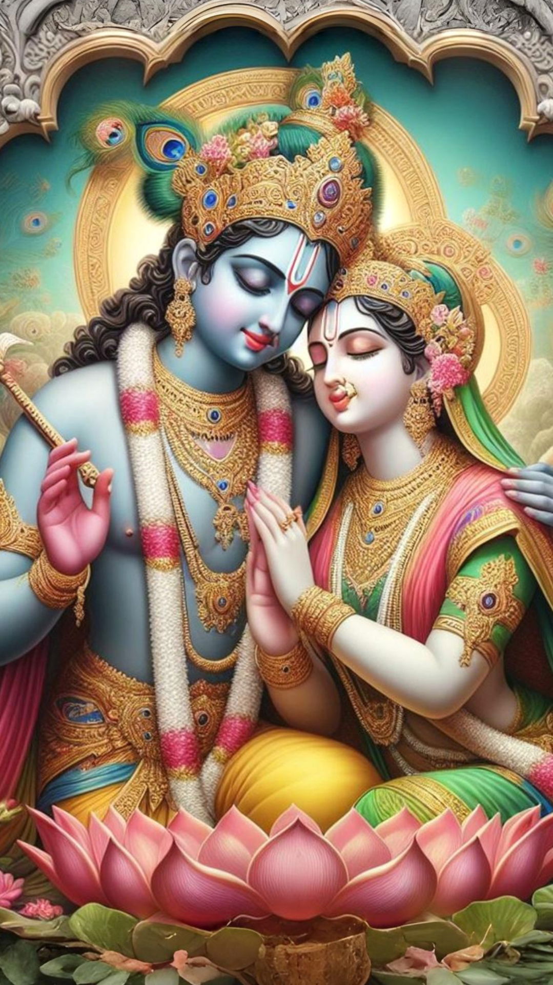 Radha Krishna embracing on a lotus