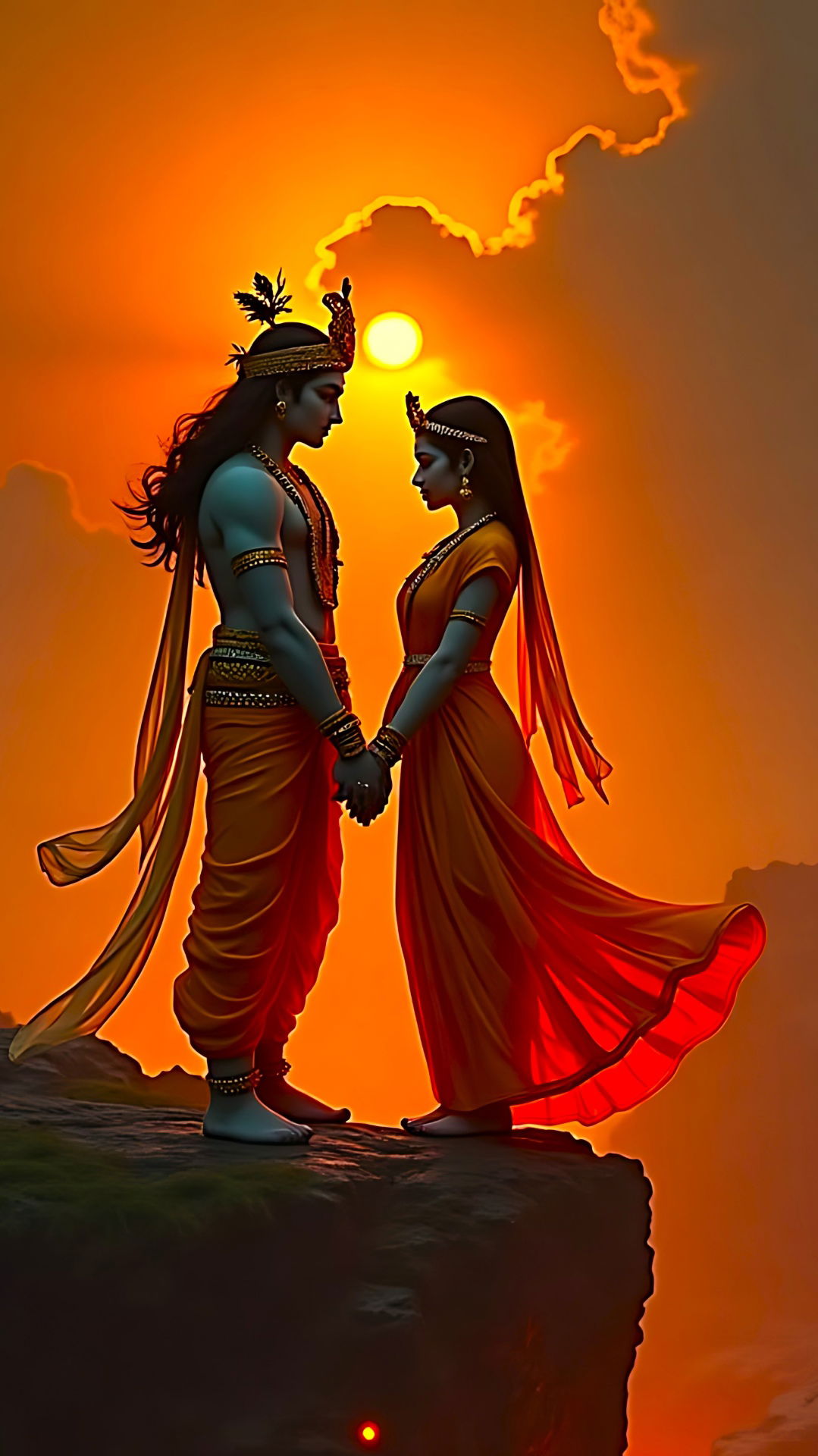 Radha Krishna silhouetted at sunset