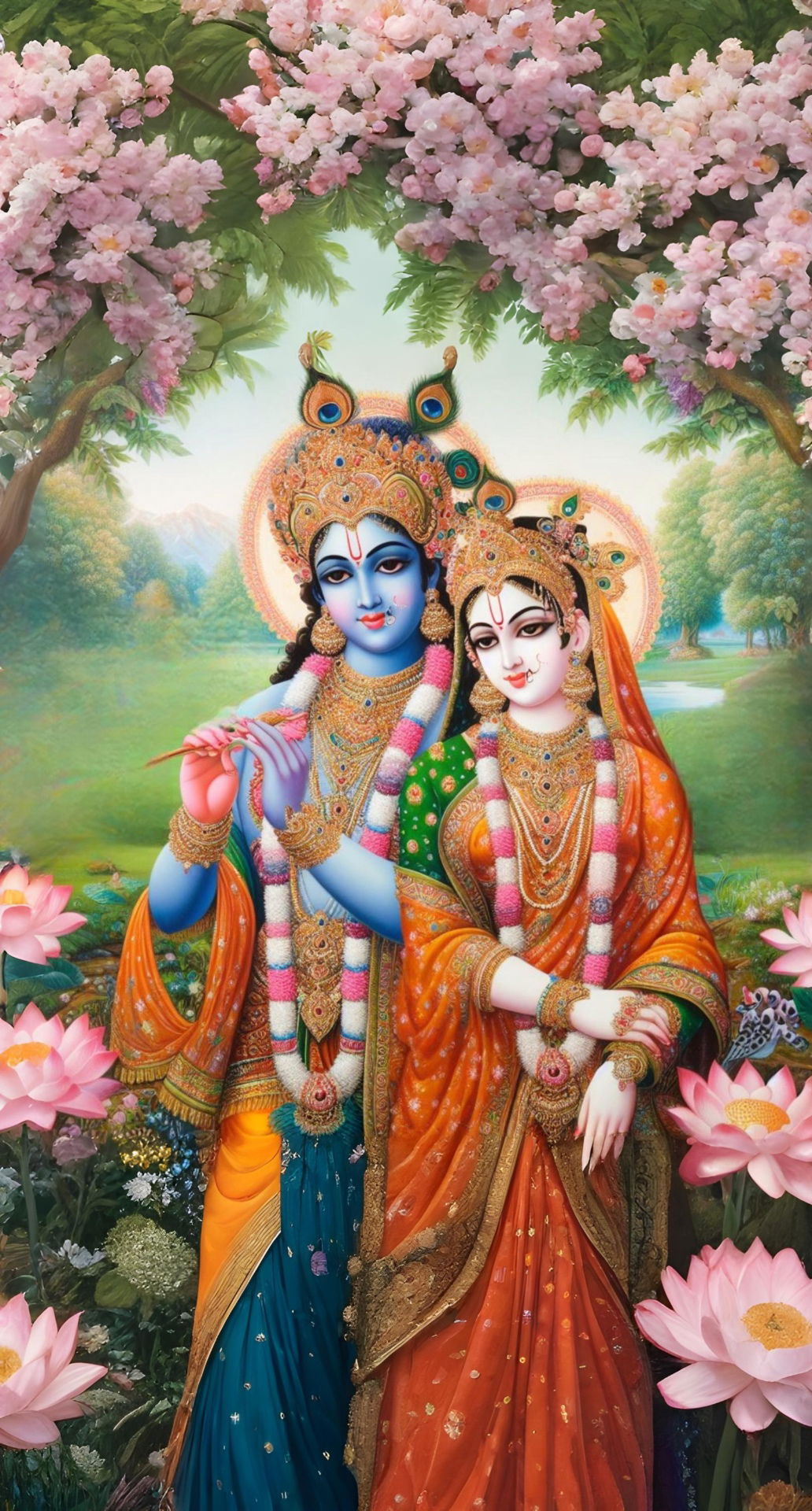 Radha Krishna embracing amidst lotus flowers