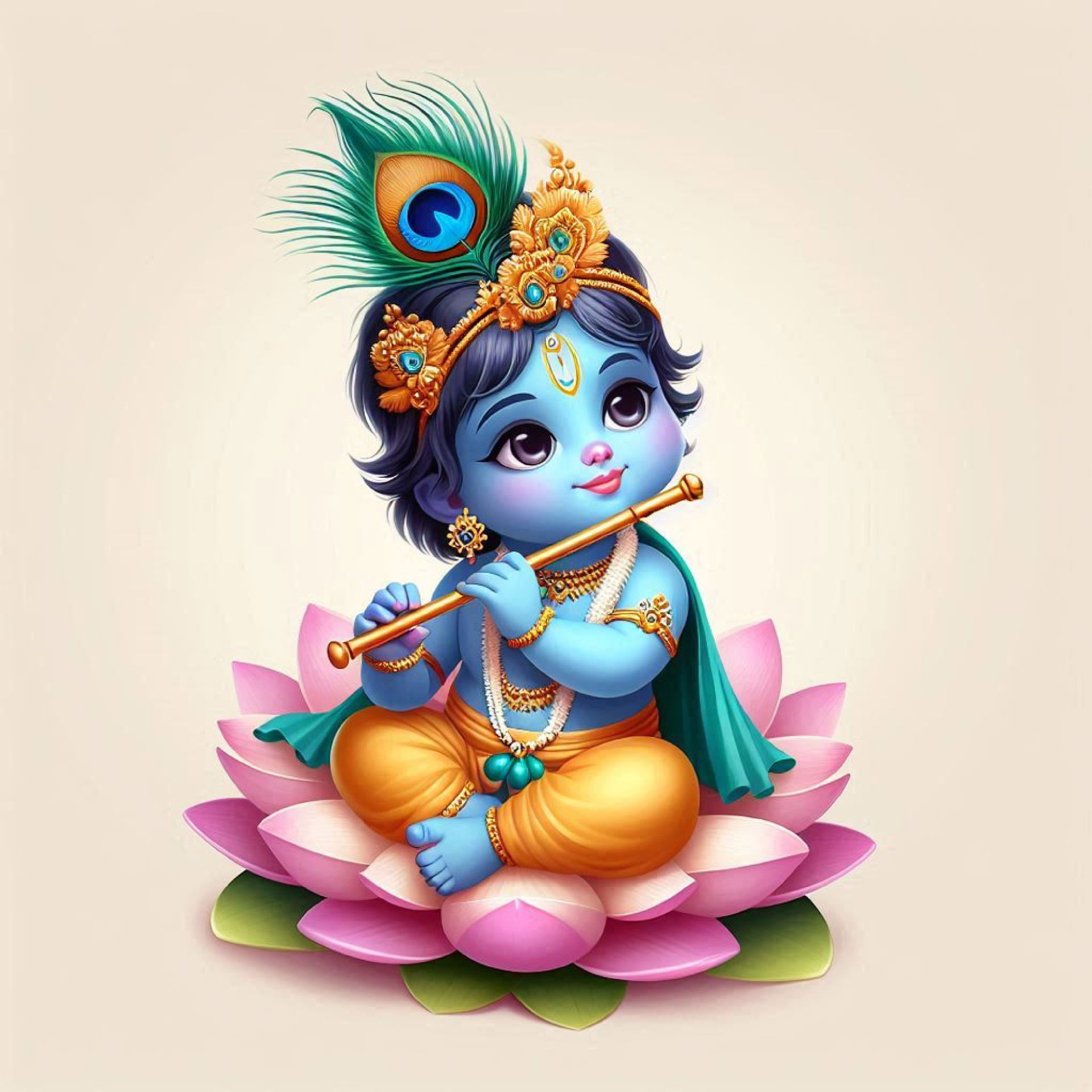 Baby Krishna playing a flute on lotus.