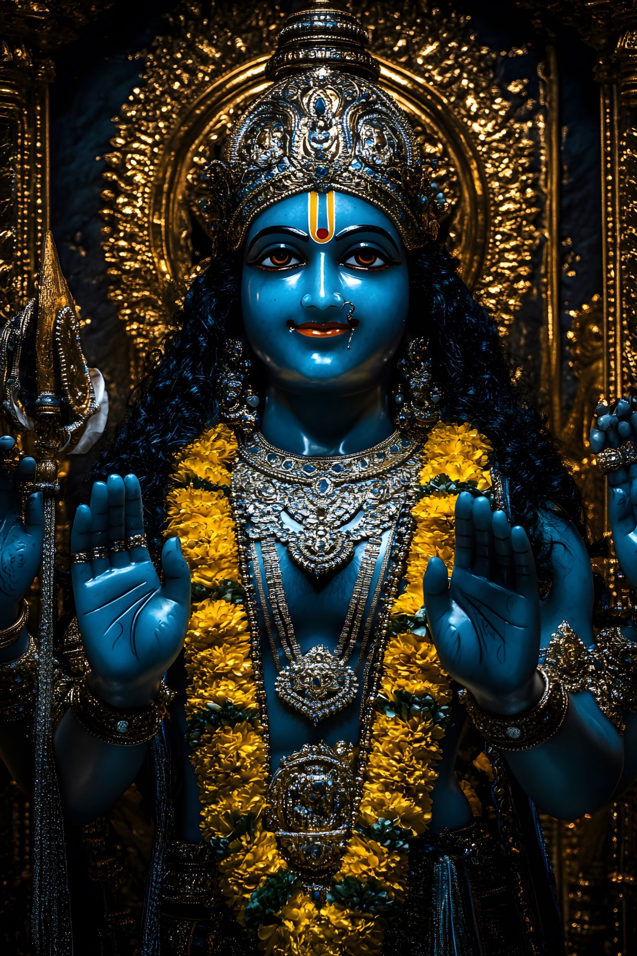 Blue-skinned Krishna with gold adornments