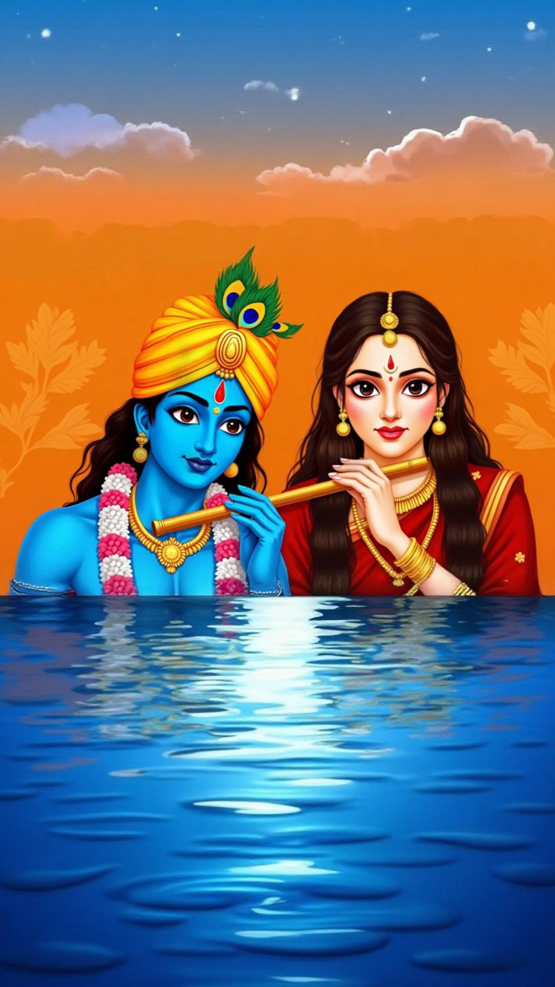 Radha Krishna in shimmering water scene