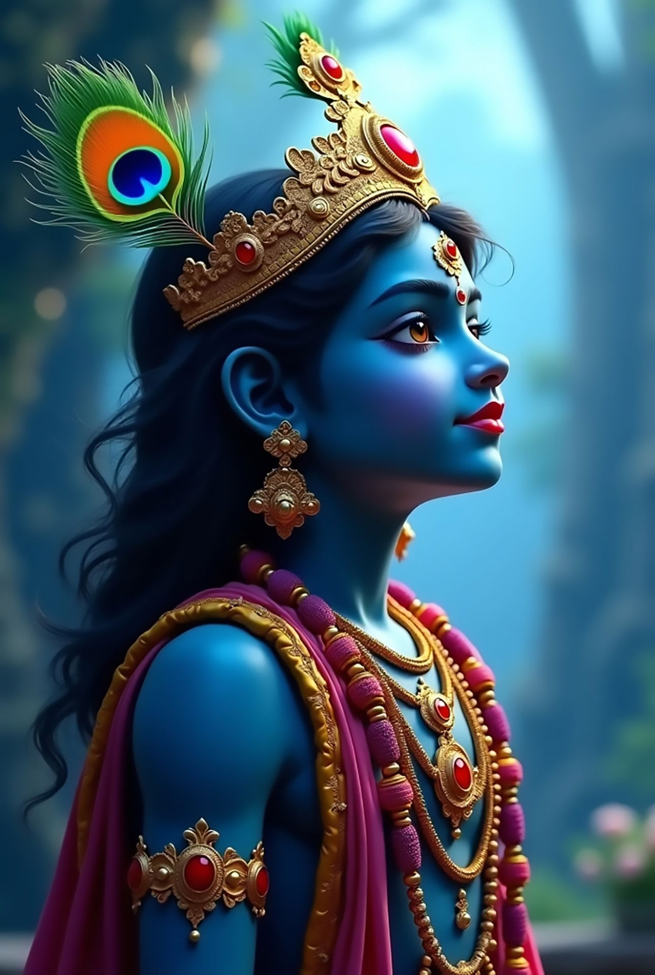Blue-skinned Krishna with peacock feather
