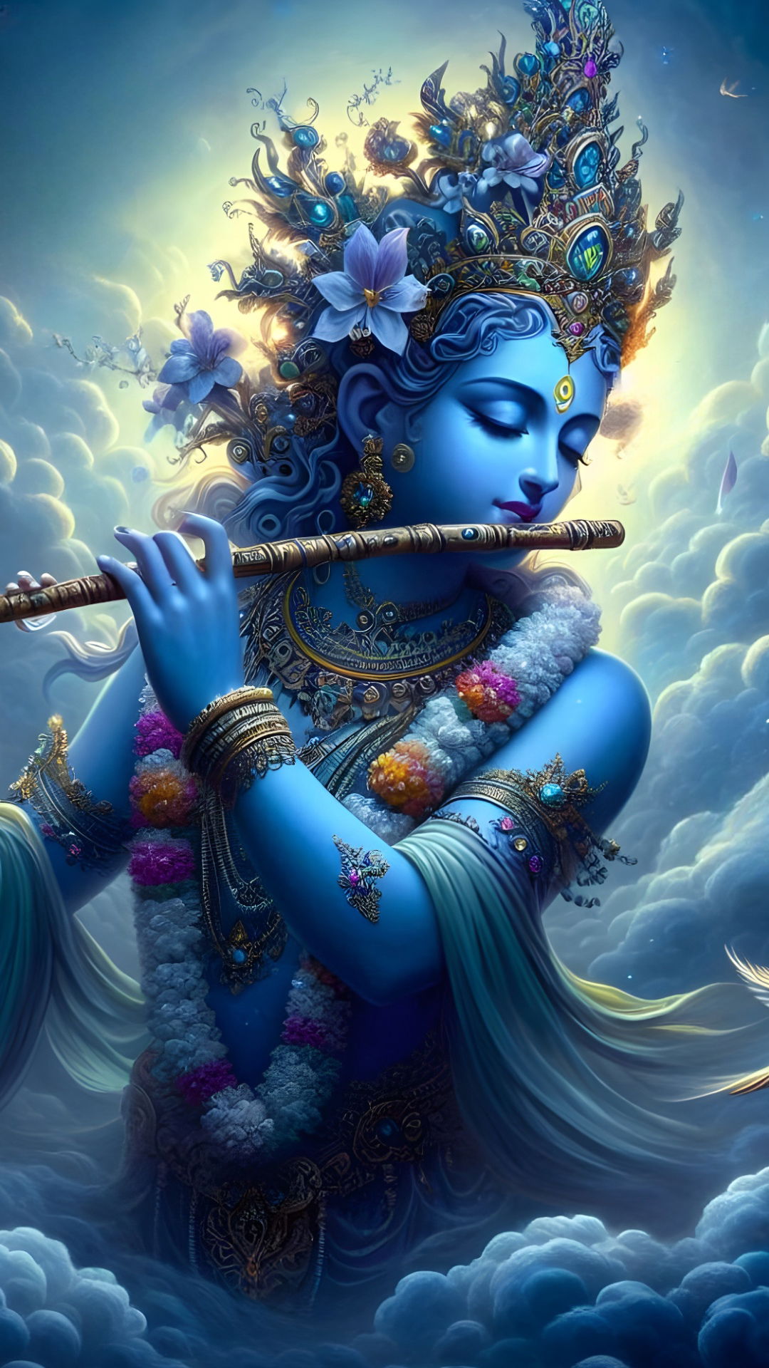 Lord Krishna playing a flute in clouds