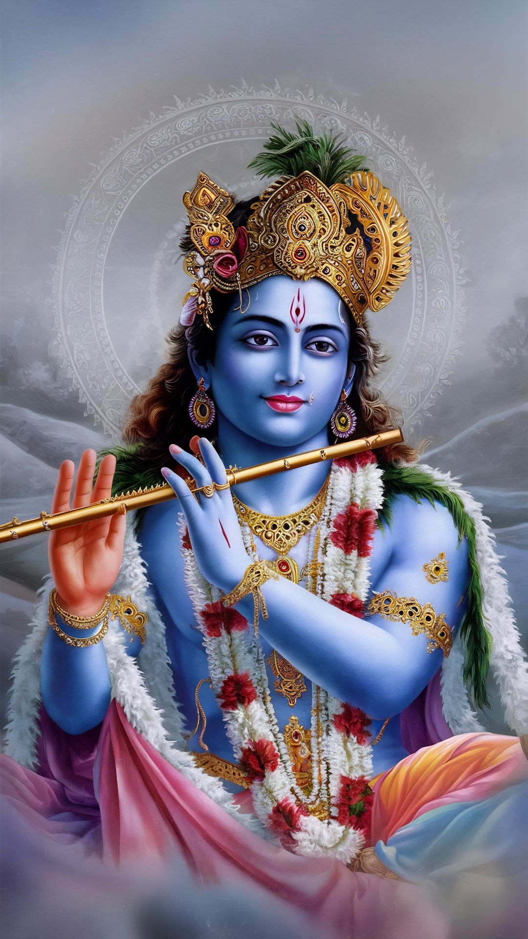 Lord Krishna playing a flute peacefully