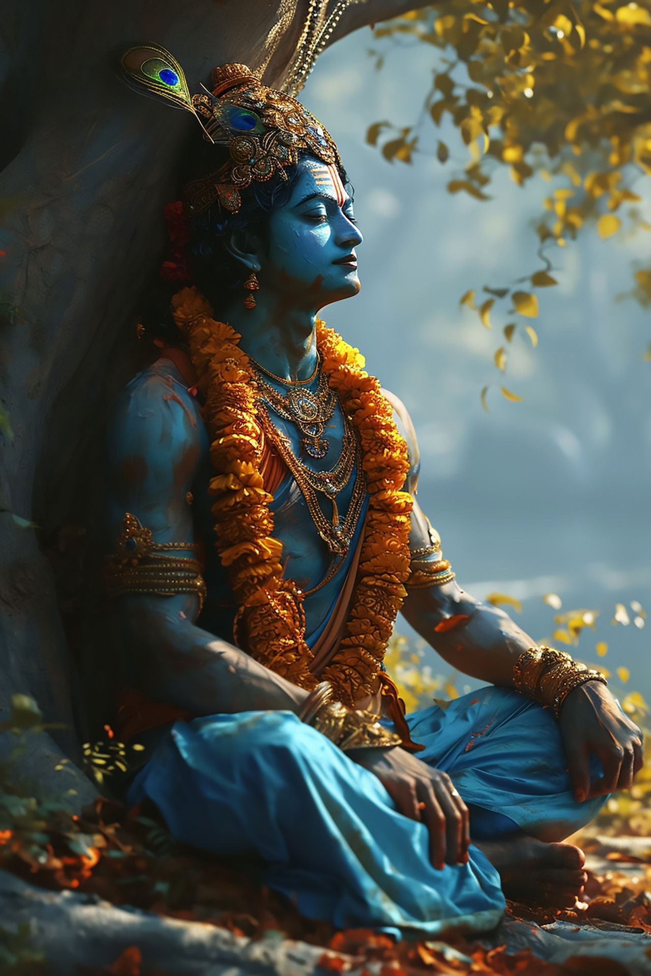Lord Krishna sits peacefully in forest