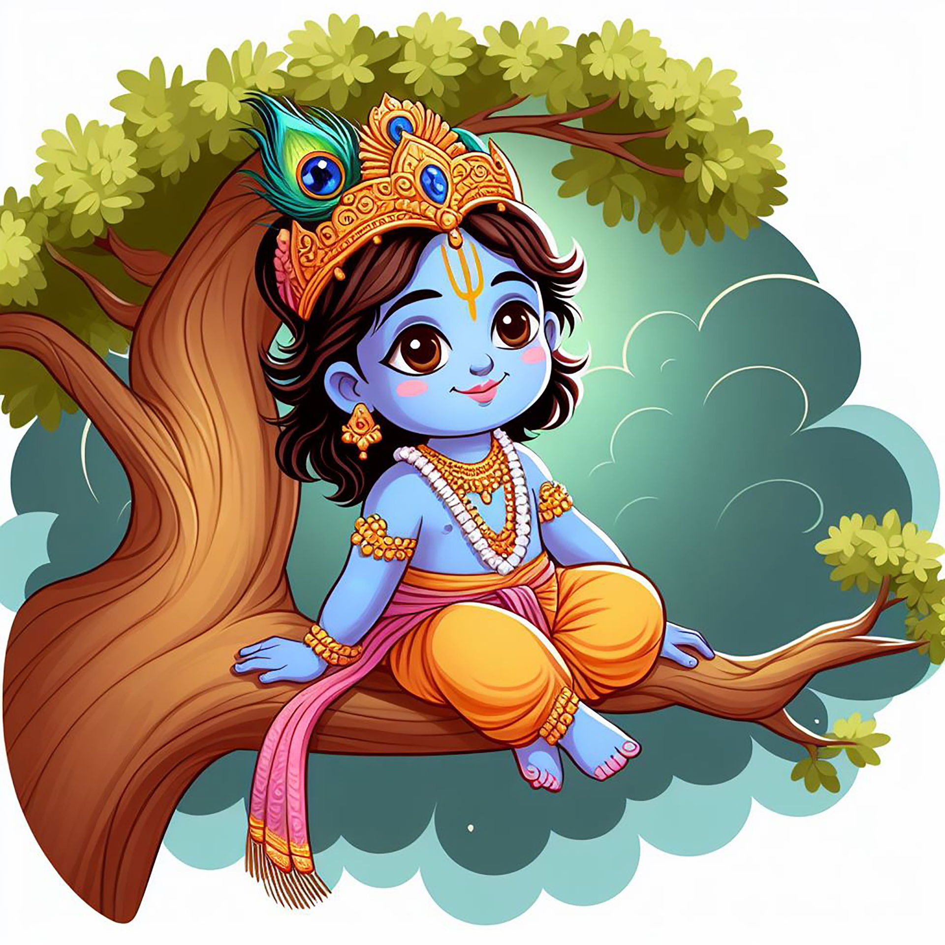 Bal Krishna sitting on a tree branch