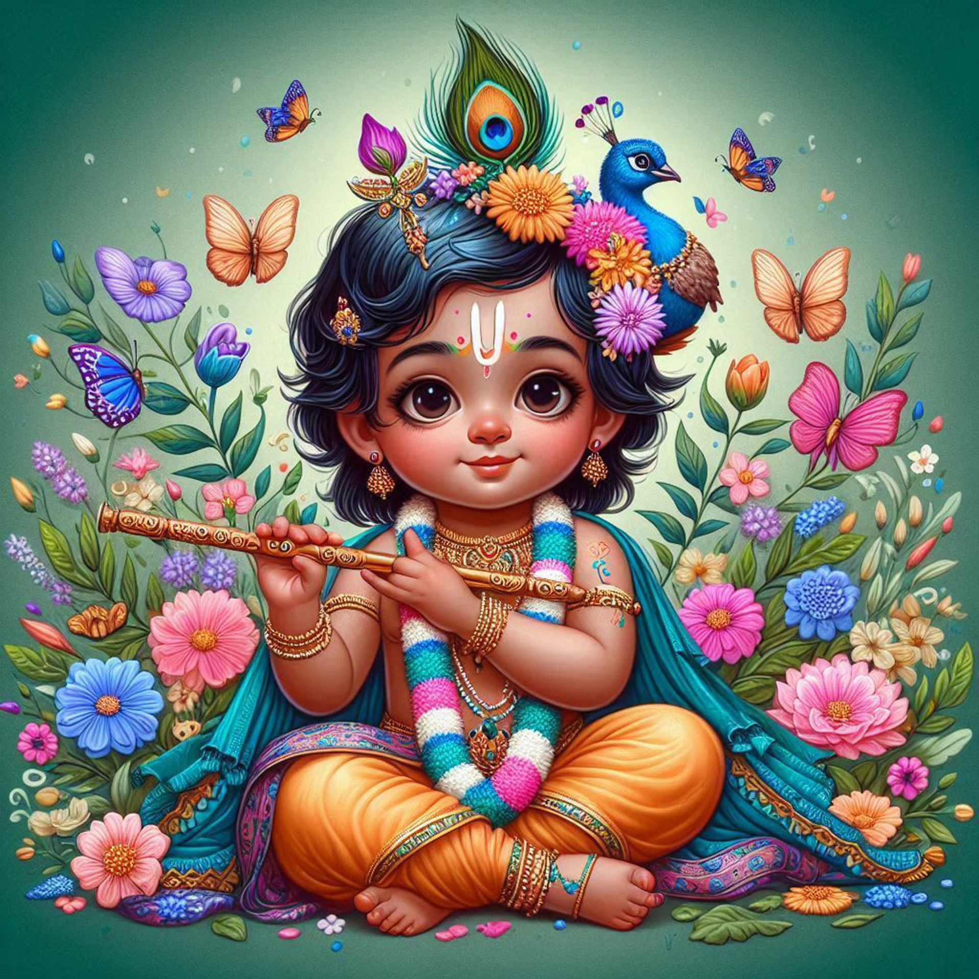 Baby Krishna playing a flute amidst flowers