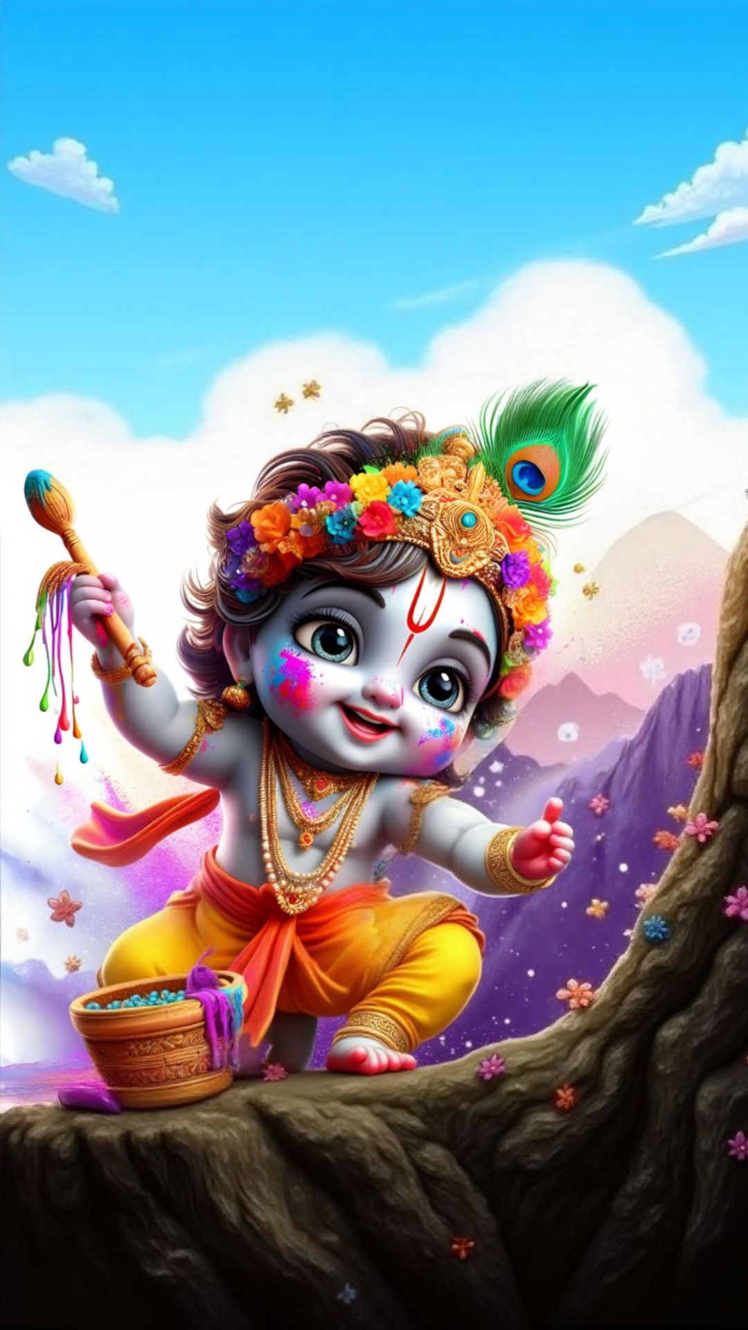 Baby Krishna with peacock feather, joyful