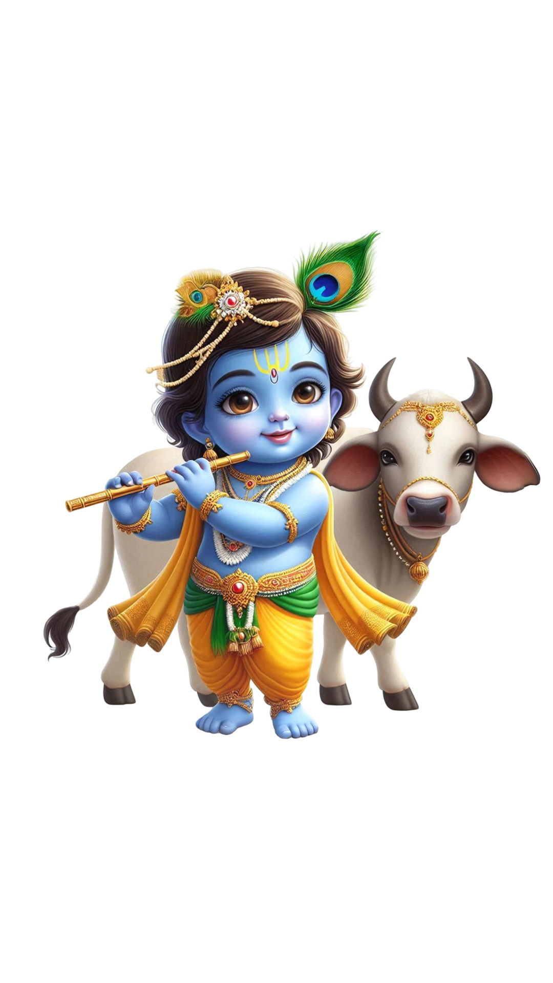 Baby Krishna playing flute with a cow