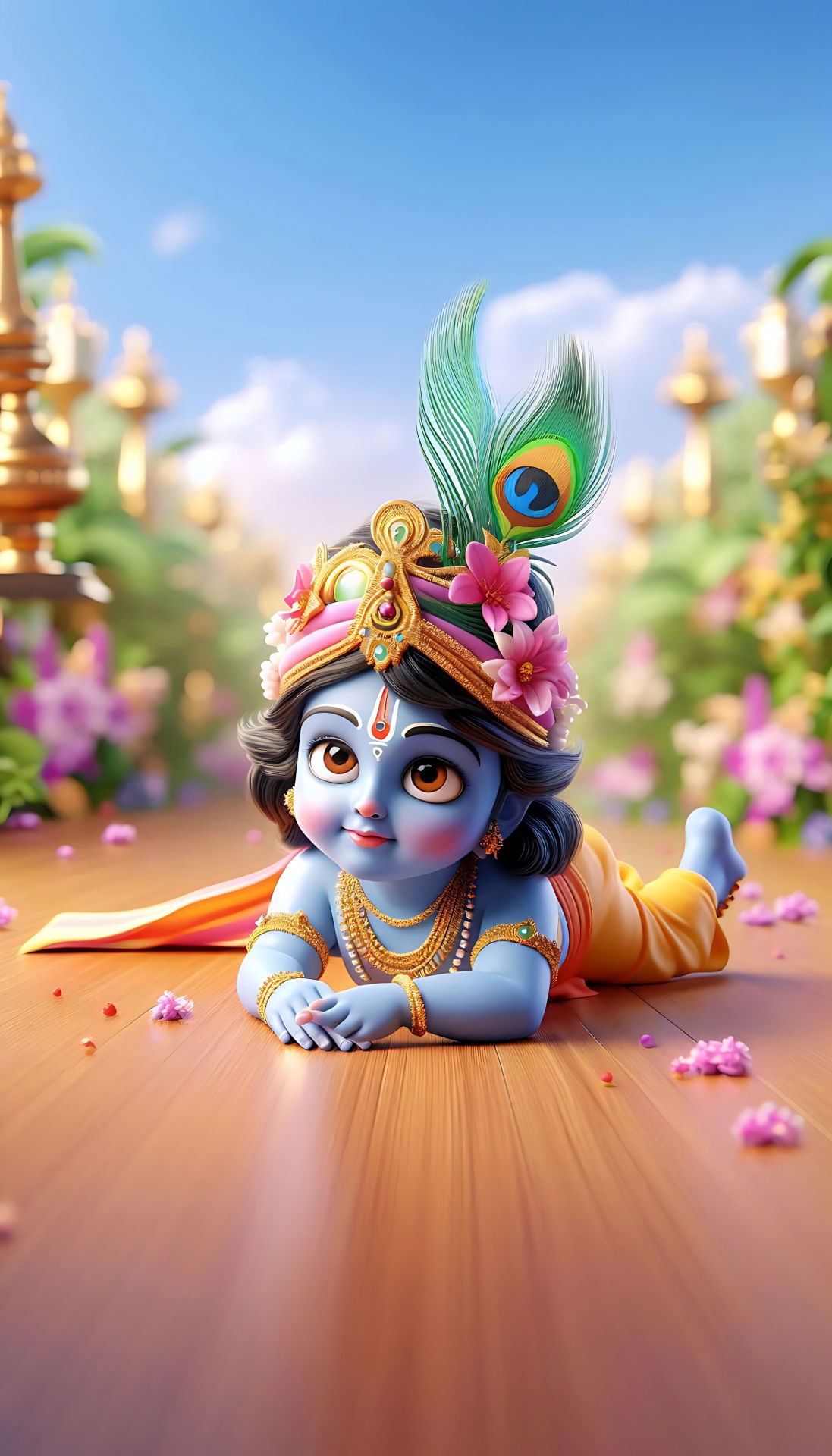 Cute baby Krishna lying amongst flowers.