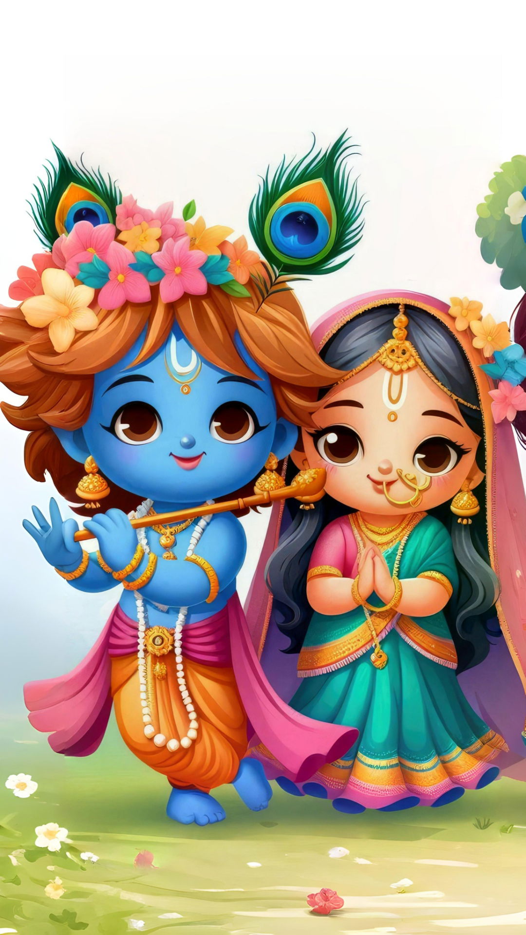 Cartoon Radha Krishna holding flute