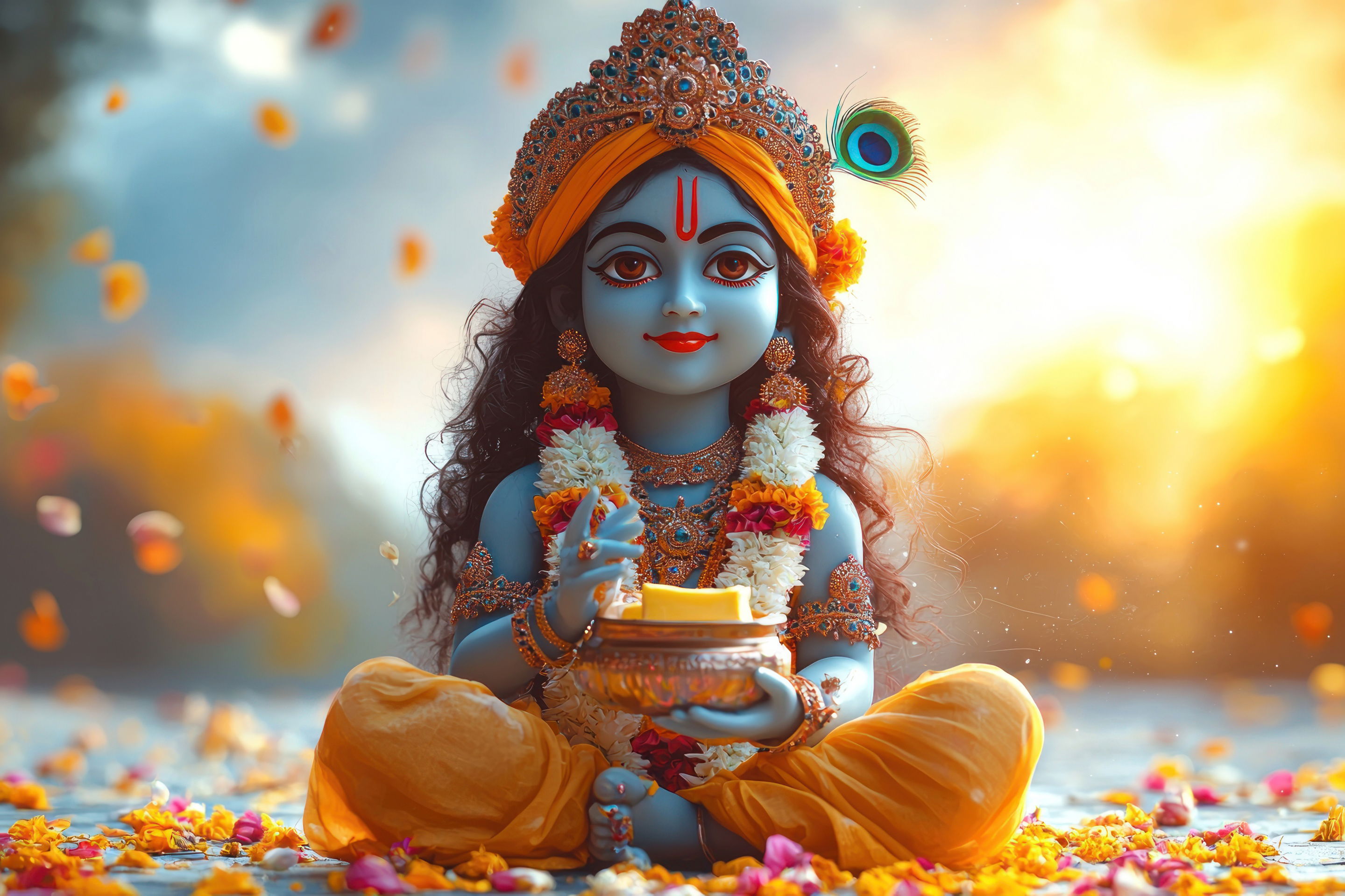 Baby Krishna with ladoo and flowers