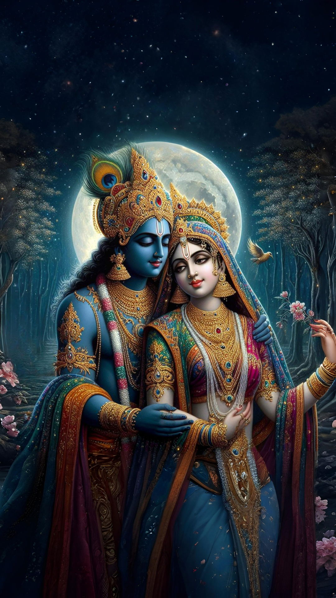 Radha Krishna under a full moon