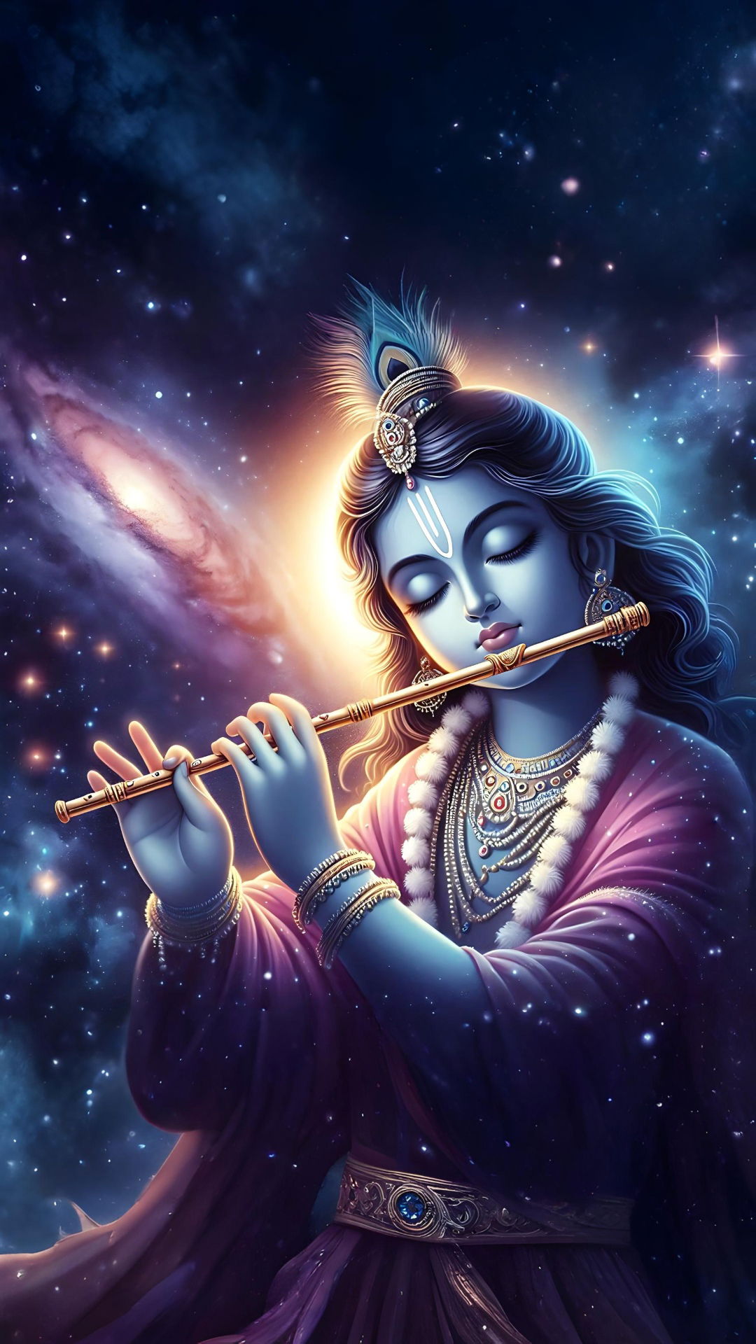 Lord Krishna playing flute in cosmos