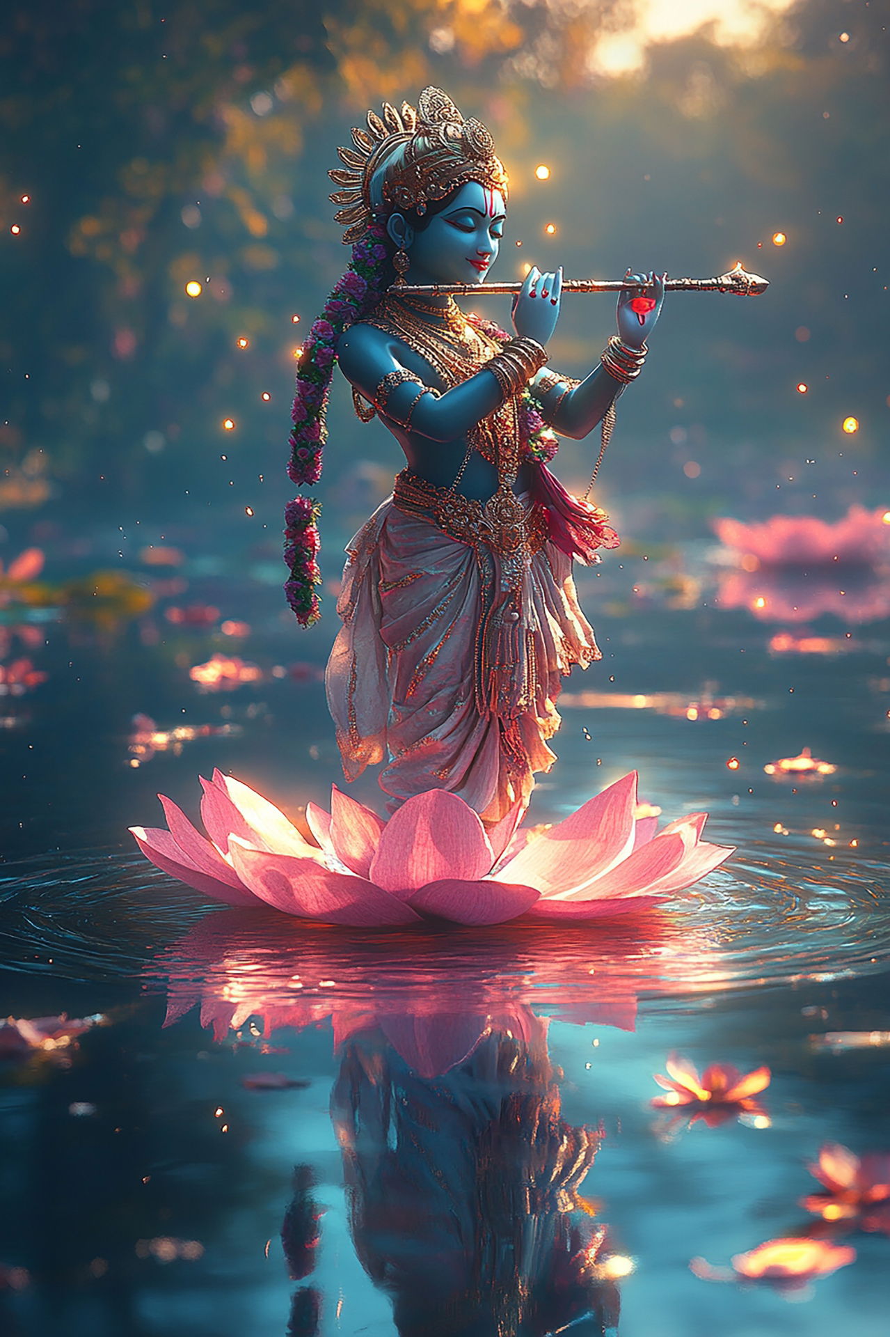 Krishna playing flute on a lotus.