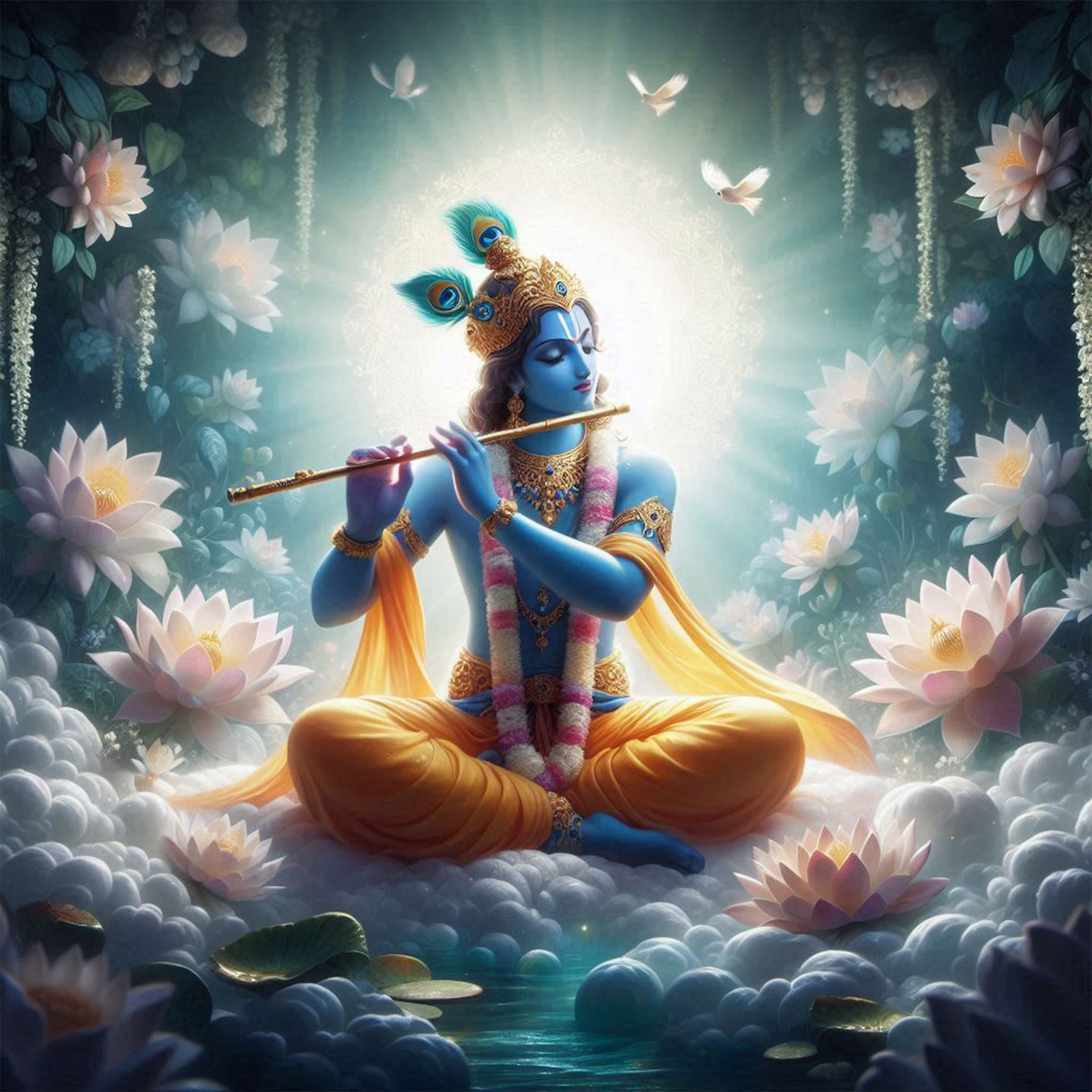 Krishna playing flute amidst lotus blossoms