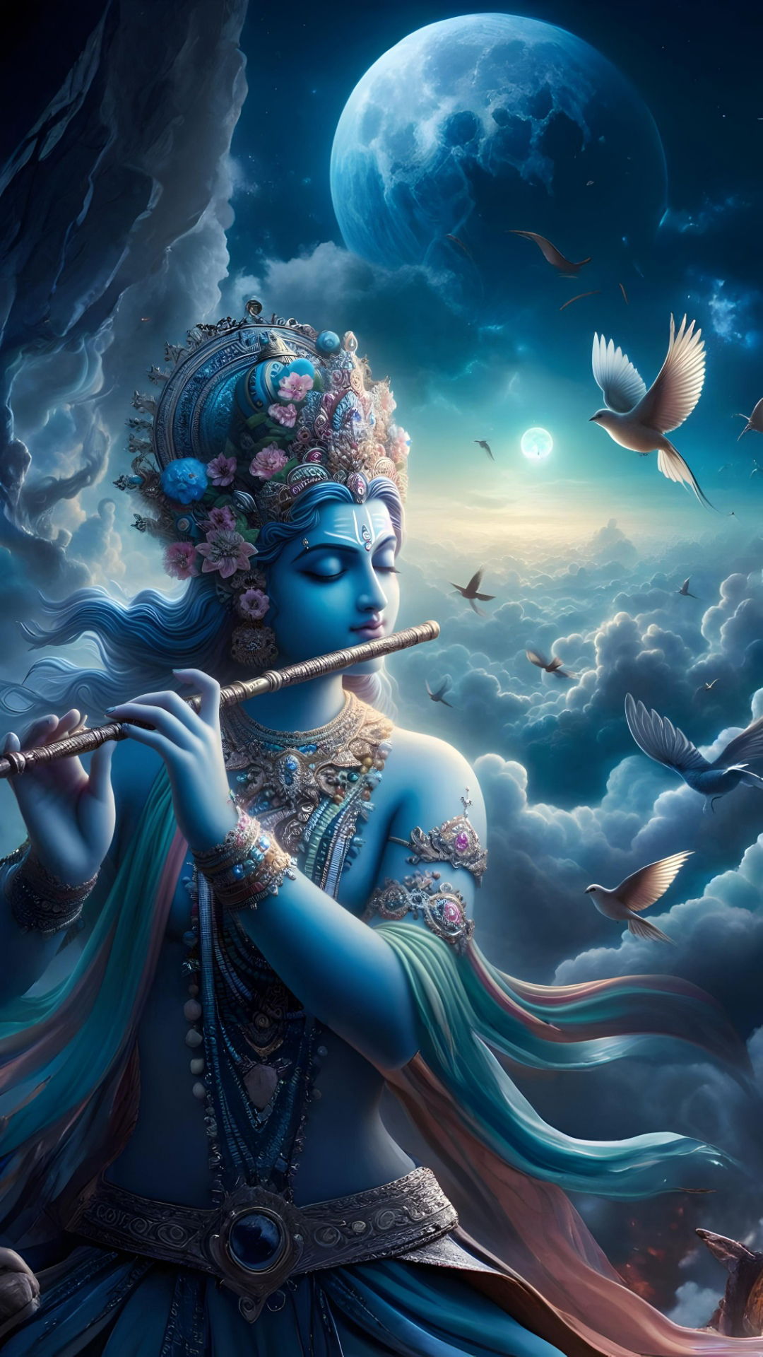 Krishna playing flute under the moonlight