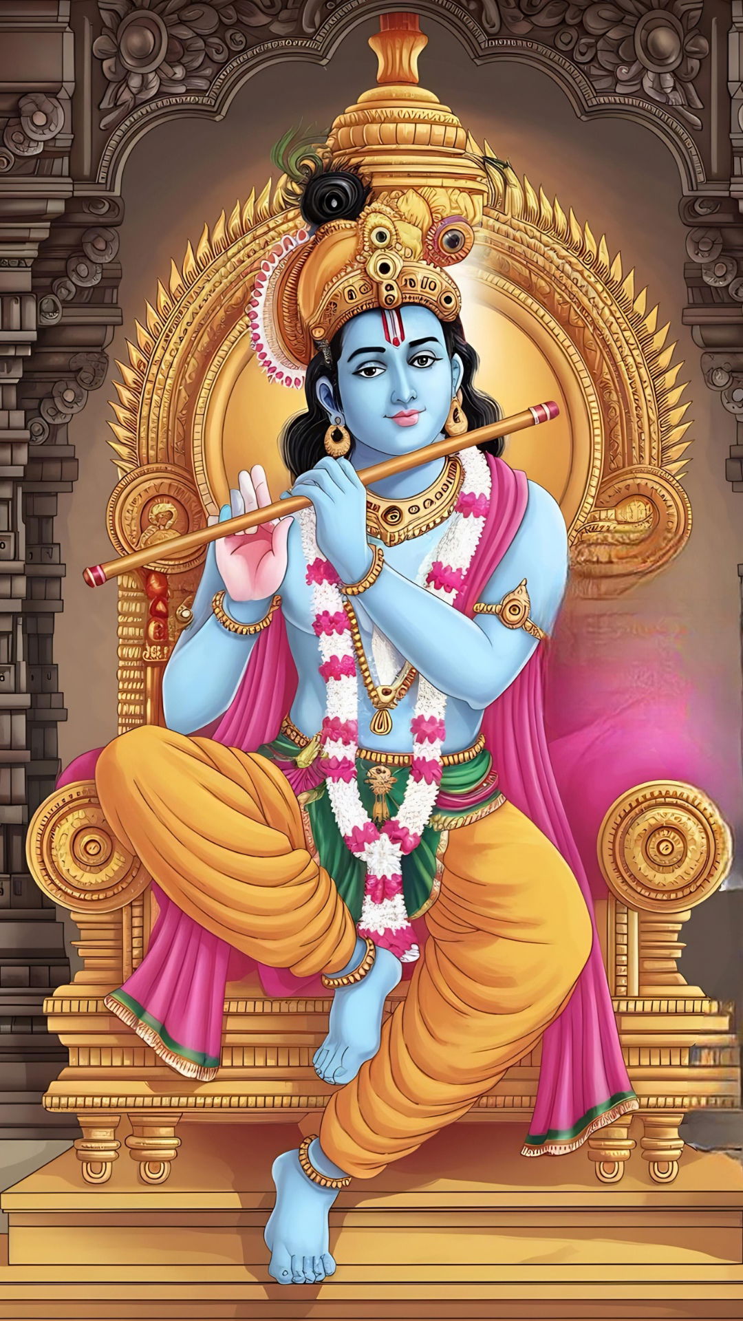 Krishna playing flute on golden throne