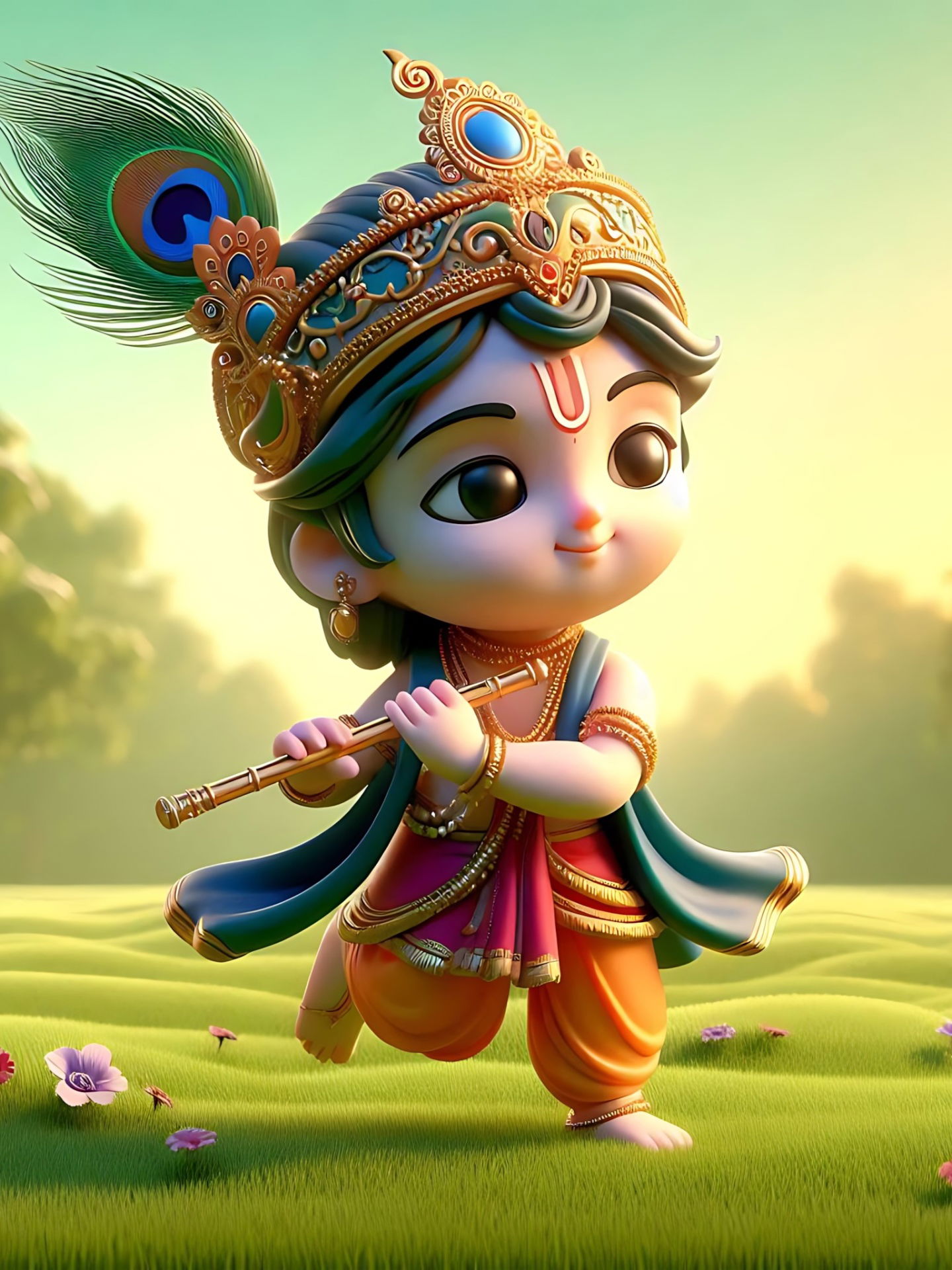 Cute baby Krishna playing flute.