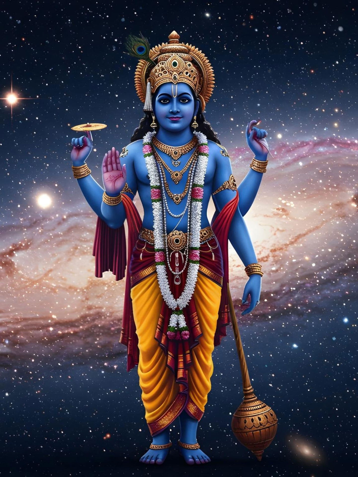 Blue Krishna amidst a swirling galaxy