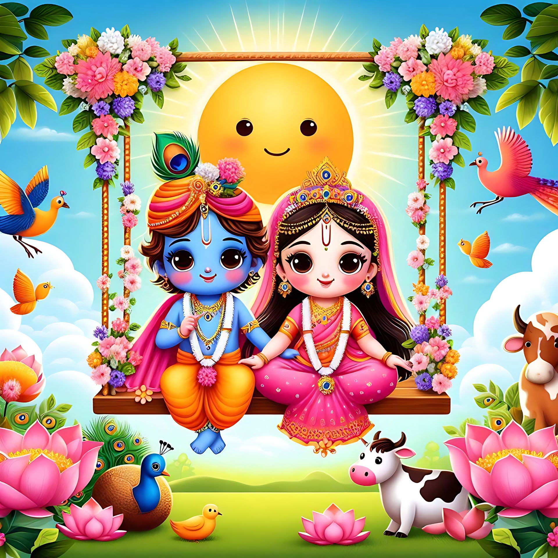 Radha Krishna enjoying a floral swing.