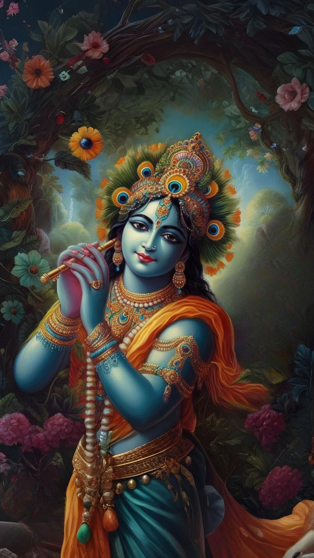 Lord Krishna playing a flute in forest