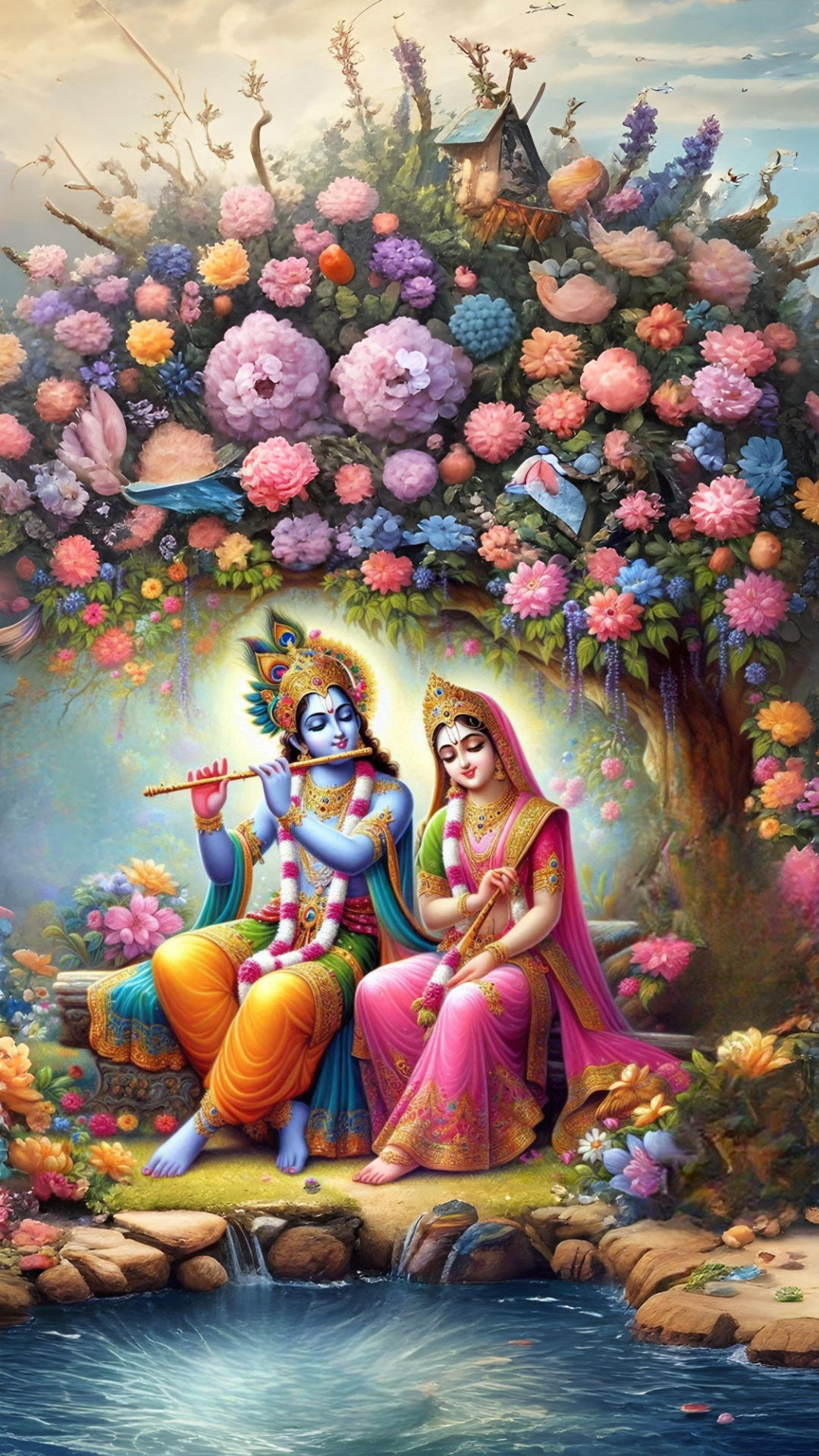 Radha Krishna among beautiful flowers