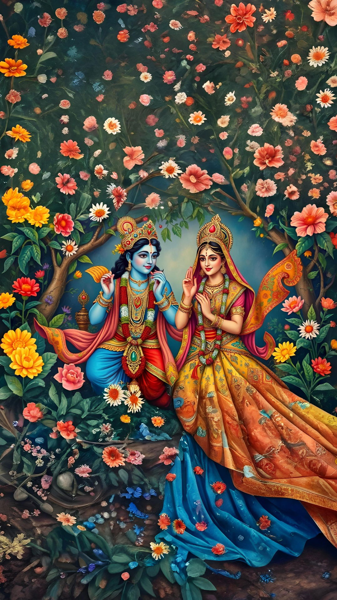 Radha Krishna amidst a floral garden