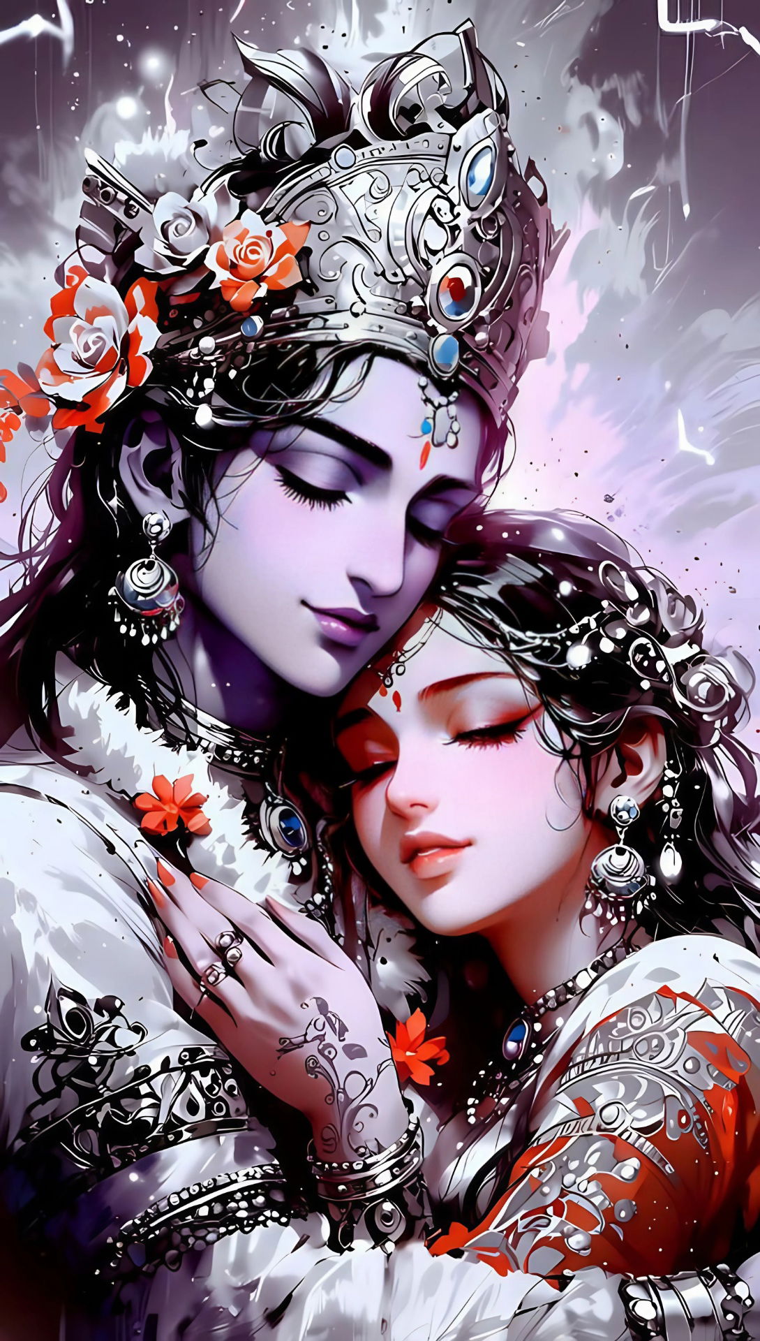 Radha Krishna embracing with floral crowns