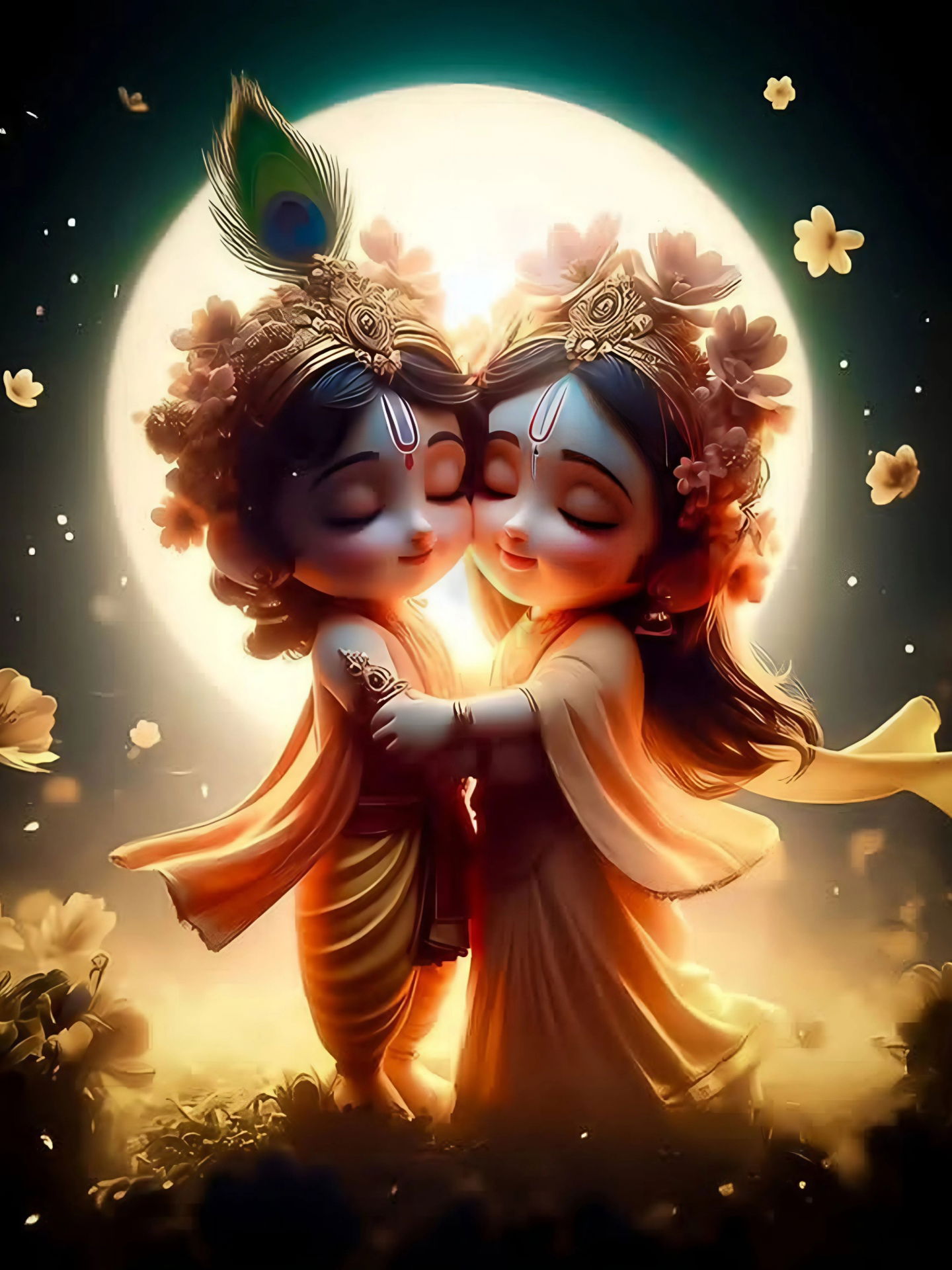 Radha Krishna embracing under moonlight.