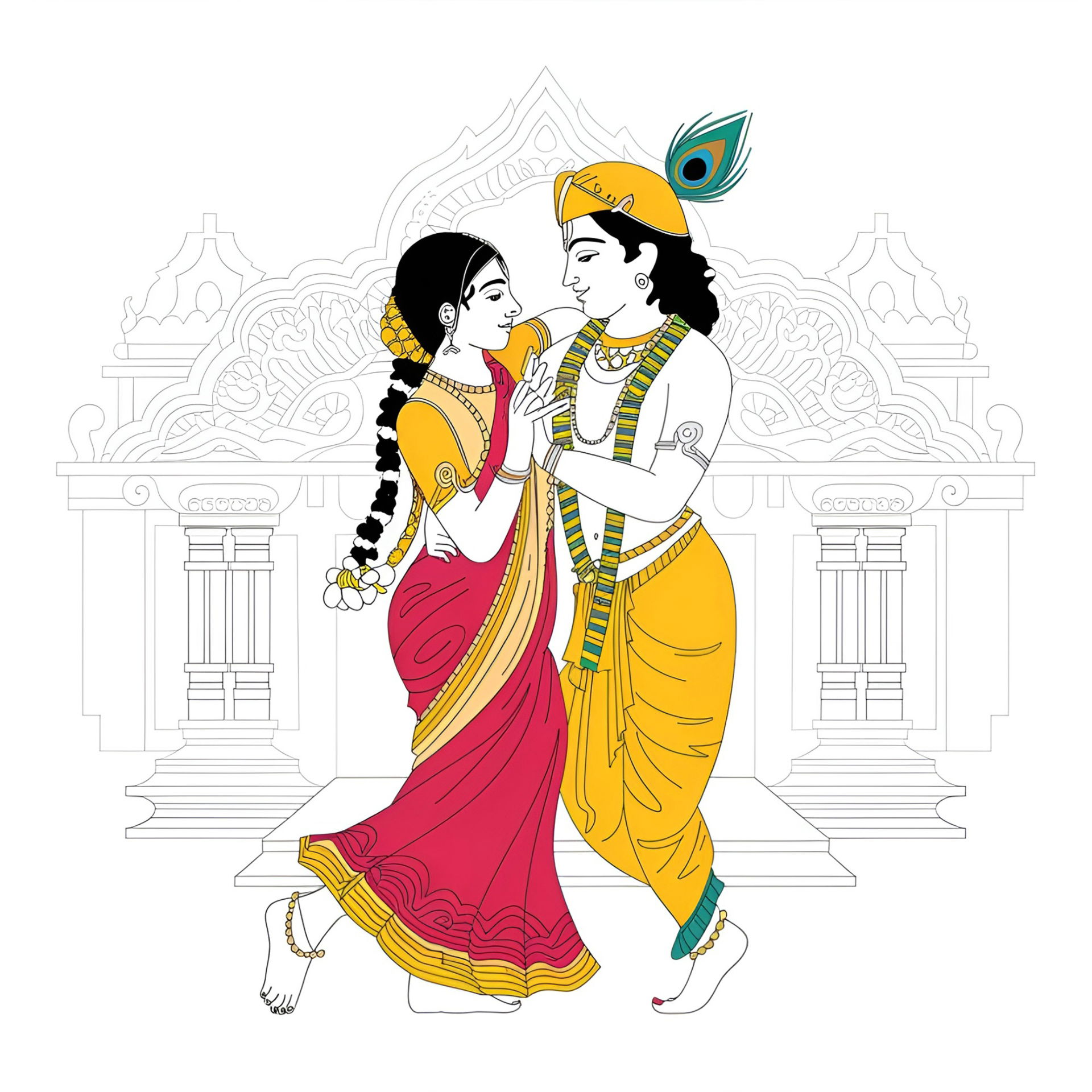 Radha Krishna embracing, line art style