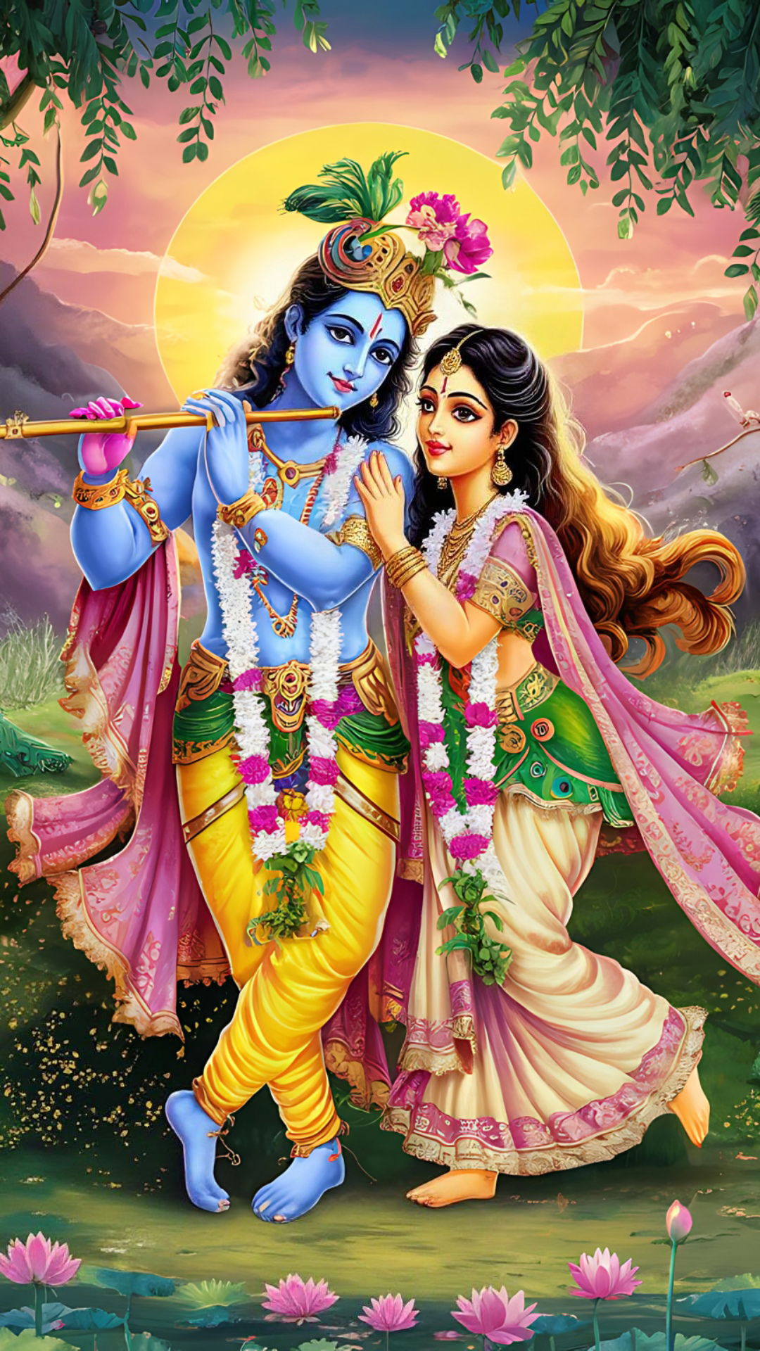 Radha Krishna embracing in a garden