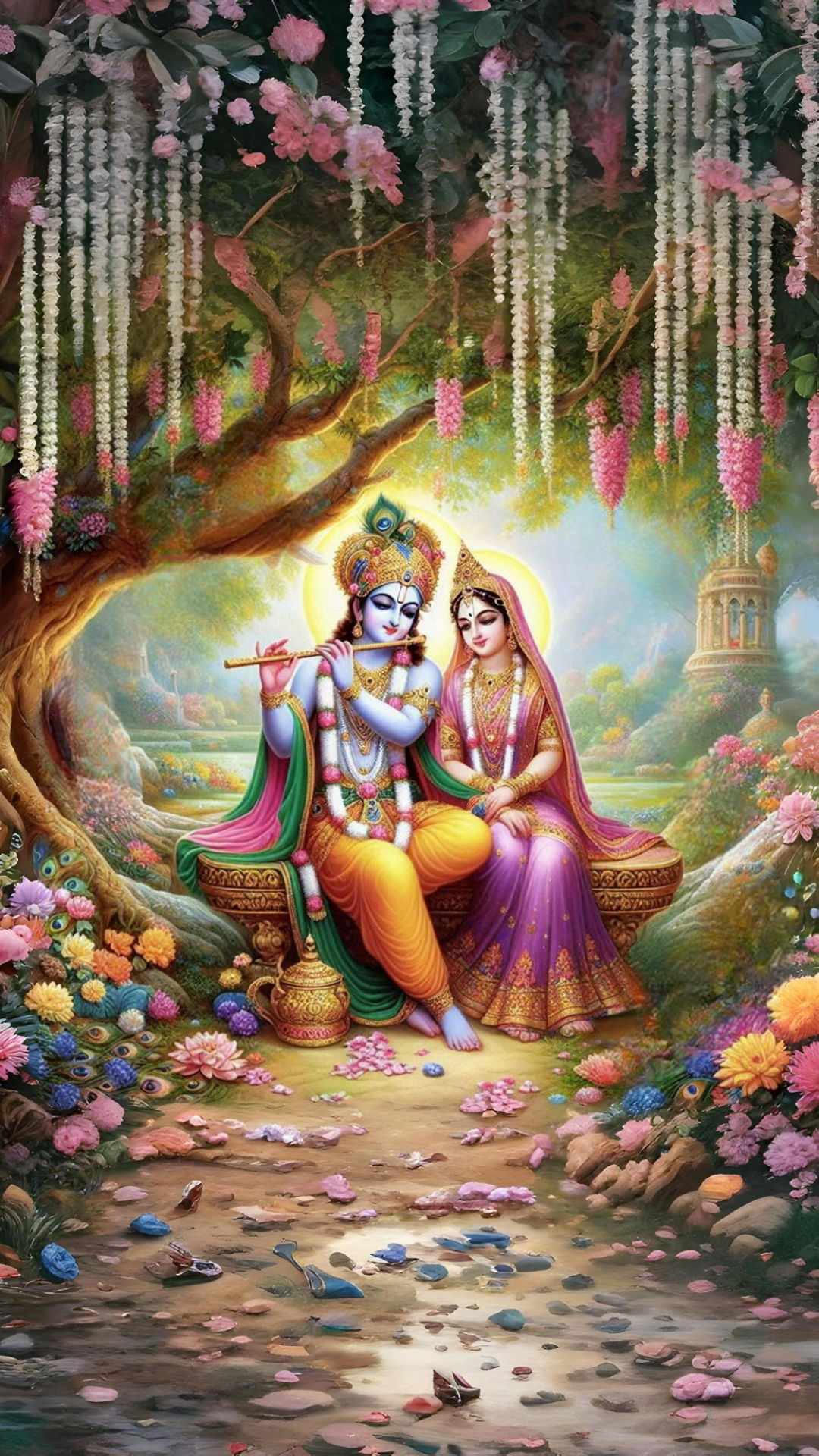 Radha Krishna in a floral garden.